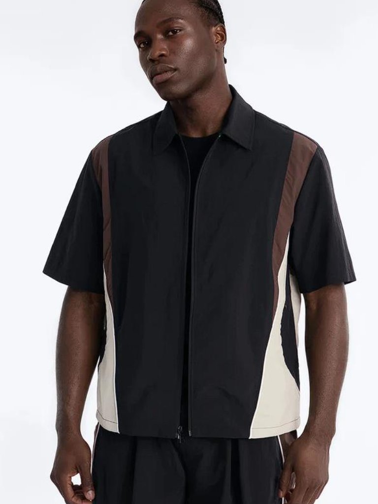 Nova Men Relaxed Osaka Block Zip Up Shirt Size Xl In Black/Brown